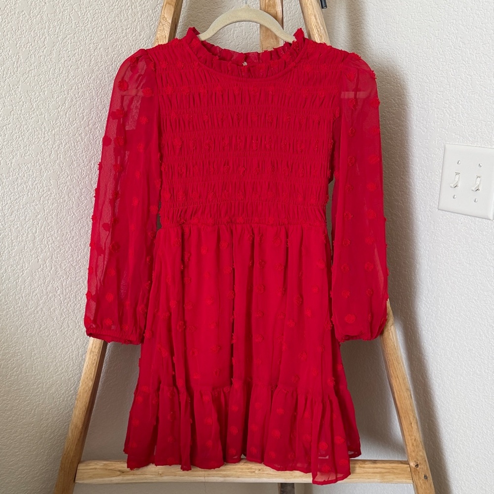Rare Editions Bright Red Smocked Dress with Sheer Long Sleeves